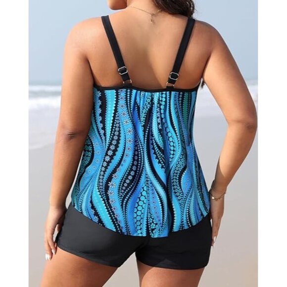 Daci Plus Size 26W Tankini Set Flowy Tank High-Waist Boyshorts Blue Swimsuit - Picture 3 of 7